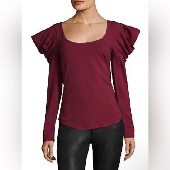 Free People Womens Top XS Penelope Ruffle Sleeve Red Black Striped Stretchy  b - Picture 1 of 8